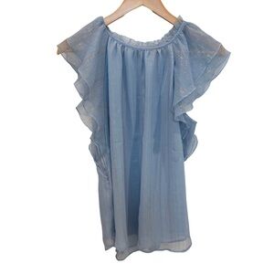 LOFT Blue Metallic Stripe Ruffle Sleeve Blouse Flutter Sheer Size M Modern Boho